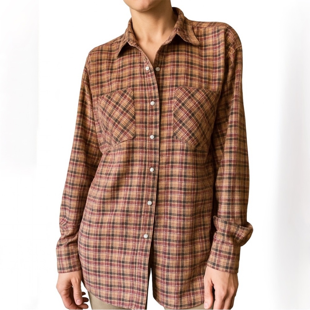 Vintage Unisex Haband Brown Autumn Plaid Snap Down Flannel